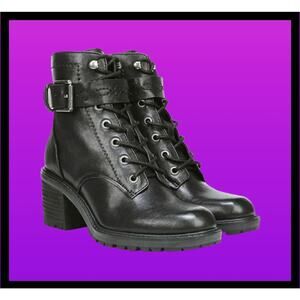 Women's Zodiac Gemma Black Leather Combat Buckle Boot with Heel Size 7